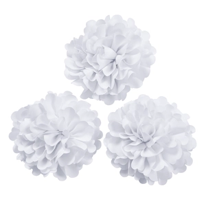 Detailed view of three white fabric flower accessories with multi-layered 3D petals