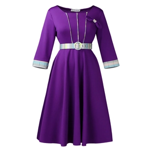 Detail of purple elegant dress with plaid belt buckle and butterfly knot decoration