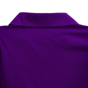 Detailed close-up of the V-neck collar and pleated fabric on this purple fashion dress