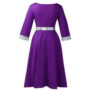 Detail view of purple A-line dress back with colorful checkered ribbon trim on sleeves and waist