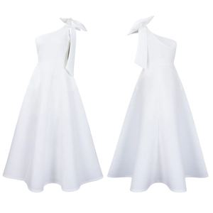 Detail of white one-shoulder midi dress featuring a large bow and flared A-line skirt