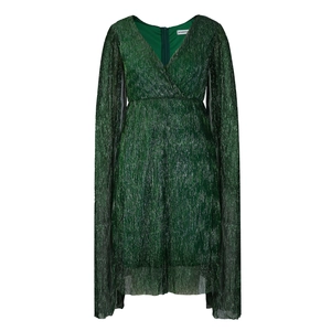 Detailed view of dark green metallic pleated dress with elegant cape sleeves and V-neckline