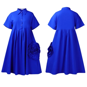 Front and back view of Klein blue A-line shirt dress with 3D rose detail
