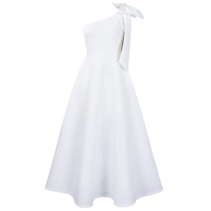 Detailed view of white one-shoulder evening dress with a large bow detail and A-line cut