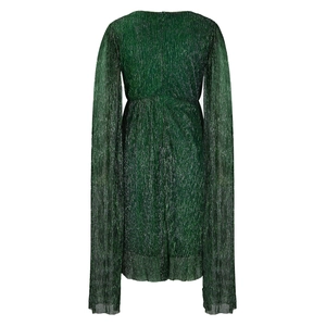 Detail of dark green pleated evening dress featuring metallic sheen and cape sleeves