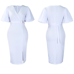 Detailed front and back view of white V-neck dress with puff sleeves and gold belt buckle