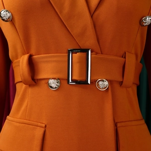 Detail of burnt orange blazer dress showing lion head buttons and belted waistline