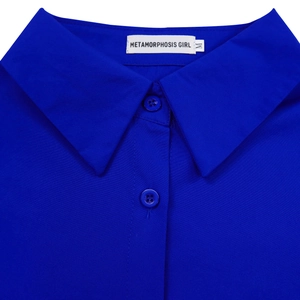 Detail view of the classic collar and woven brand label on a royal blue A-line shirt dress