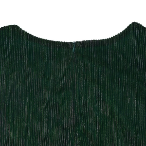 Close-up of dark green pleated fabric with metallic luster and back hidden zipper