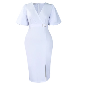 Detail of white V-neck dress featuring puff sleeves and waist belt with golden buckle