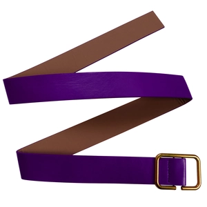 Detail of purple wide leather belt with large rectangular gold buckle and brown lining