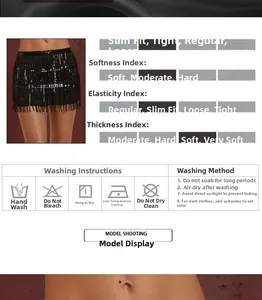Detail of black sequin tassel mini skirt with care symbols and fabric specifications