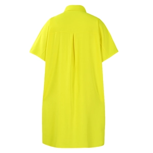 Rear view of yellow short-sleeved shirt dress with central back pleat detail