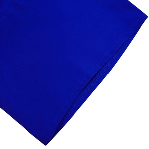 Detail of royal blue short sleeve dress showing double-stitched hem and fabric texture