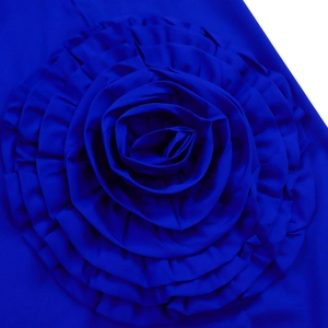 Detailed view of handmade royal blue 3D fabric rose on an A-line shirt dress