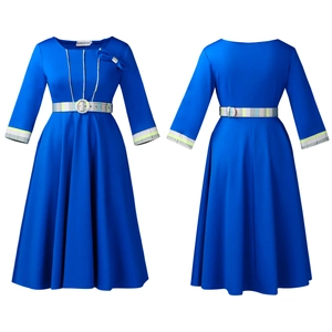 Detail view of the navy blue dress featuring a rainbow plaid belt and bow accents