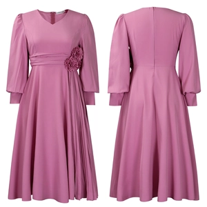 Detailed views of the purple V-neck dress featuring floral waist decor and pleated skirt