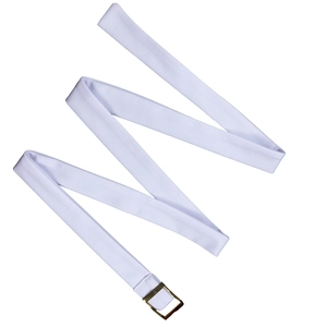 Detail of white fabric belt featuring a minimalist golden square metal buckle for dresses