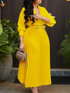 Elegant V Neck Long Sleeve Pleated Midi Dress With Belt Solid Color High Waist A-Line Party Commute Dress For Women