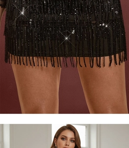 Close-up of black sequins and fringe details on high waist party mini skirt