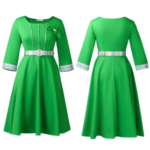 Detail view showing bright green vintage dress with plaid waist belt and bow decoration