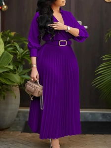 Elegant purple pleated long sleeve maxi dress with matching belt and v-neckline design
