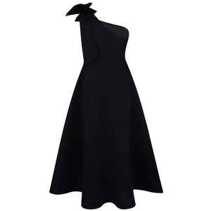 Elegant one shoulder black dress featuring a large bow detail and flared A-line silhouette