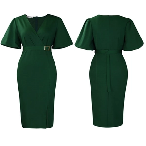 Front and back views of V-neck puff sleeve dress with waist belt and slit in dark green
