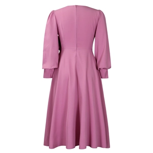 Back view of elegant rose pink A-line dress with long lantern sleeves and invisible zipper