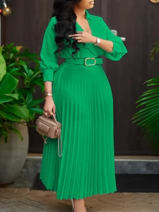 Elegant bright green V-neck pleated maxi dress with long sleeves and a buckled waist belt