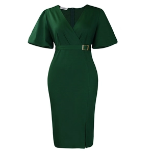 Detail of V-neckline and bubble sleeves on a slim forest green midi dress