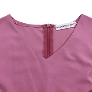Close-up of V-neckline with invisible back zipper on a solid magenta A-line dress