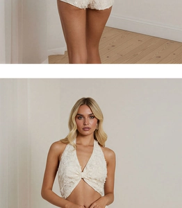 Detail of white lace halter two-piece set featuring delicate 3D floral embroidery
