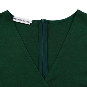 Detail view of V-neckline with zipper and rib-knit texture on dark green dress