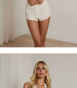 Detailed macro view of apricot high-waisted shorts with sequined fringe fabric texture