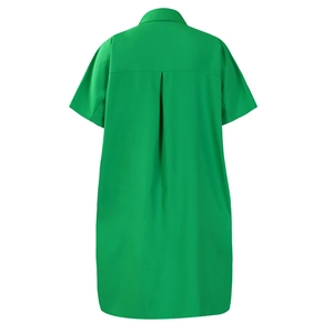 Detail view of bright green short sleeve shirt dress with back pleat design