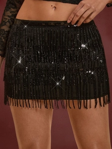 Women Sexy Black Sequin Fringe Mini Skirt Elegant High Waist Tassel Bodycon Party Clubwear Banquet Skirt