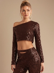 Top Corto da Donna con Paillettes Marroni Monospalla Manica Lunga Sexy Party Elegante in Poliestere Blusa