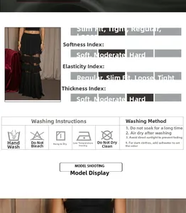 Detail view of black layered chiffon skirt showing fabric softness and wash care symbols