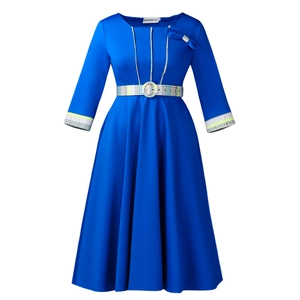 Royal blue dress with plaid cuffs, adjustable waist belt and bow detail on the neckline