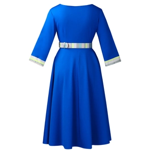 Detail of royal blue dress with colorful plaid trim on sleeves and a matching buckled belt