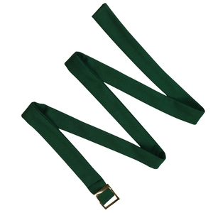 Detailed view of dark green woven belt with glossy gold square metal buckle on white background