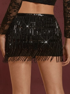 Sparkly black sequin fringe high waisted mini skirt for evening party cocktail style