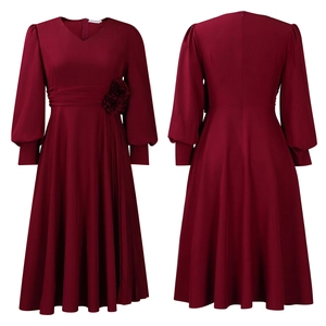 Detail view of burgundy V-neck dress featuring elegant waist floral decor and back zipper