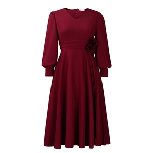 Elegant wine red V-neck dress featuring long sleeves and floral waist detail