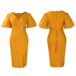 Detailed front and back view of ginger yellow V-neck pencil dress with bubble sleeves