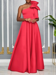 Elegant Women One Shoulder Bow Maxi Dress Satin Polyester Spandex Formal Evening Gown Party Wedding Night Banquet Outfit