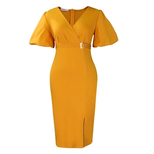 Detailed view of ginger yellow midi dress with V-neck, puff sleeves and belt detail