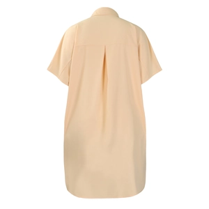 Back view detail of apricot short sleeve shirt dress with pleat and curved hemline