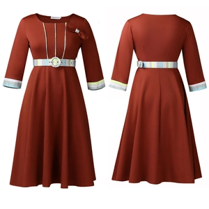 Detail of round neck dress with plaid belt, 3/4 sleeves and bow accent on front